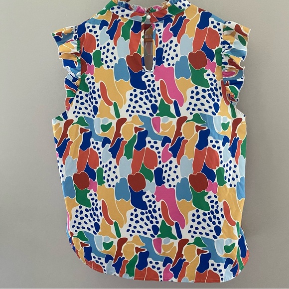 Multicolor Abstract Print Ruffle Sleeve Geometric Fun Statement Top - Picture 4 of 6